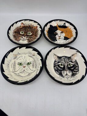Cats By Nina 2001 Nina Lyman Kitty Feline Ceramic Hand Painted 8” Set Four SEE